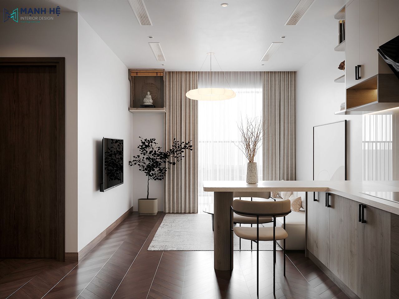 Không gian bếp liền phòng khách chung cư, bố trí mở, tận dụng tối đa ánh sáng tự nhiên giúp căn hộ thêm rộng thoáng