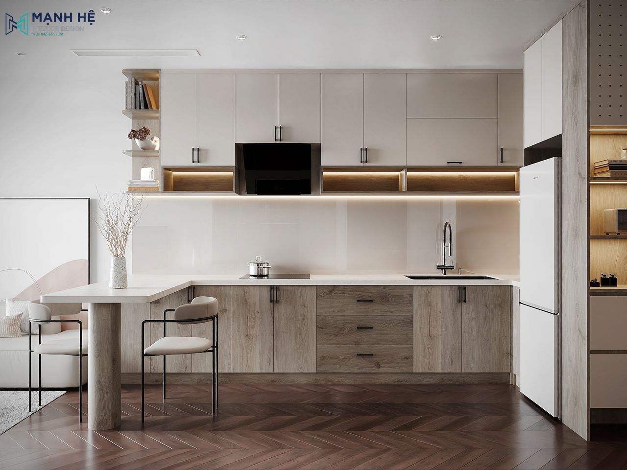 Tủ bếp chữ L trong căn hộ Beverly Solari được thiết kế với tông màu sáng, đèn LED âm tủ và bề mặt laminate vân gỗ hiện đại