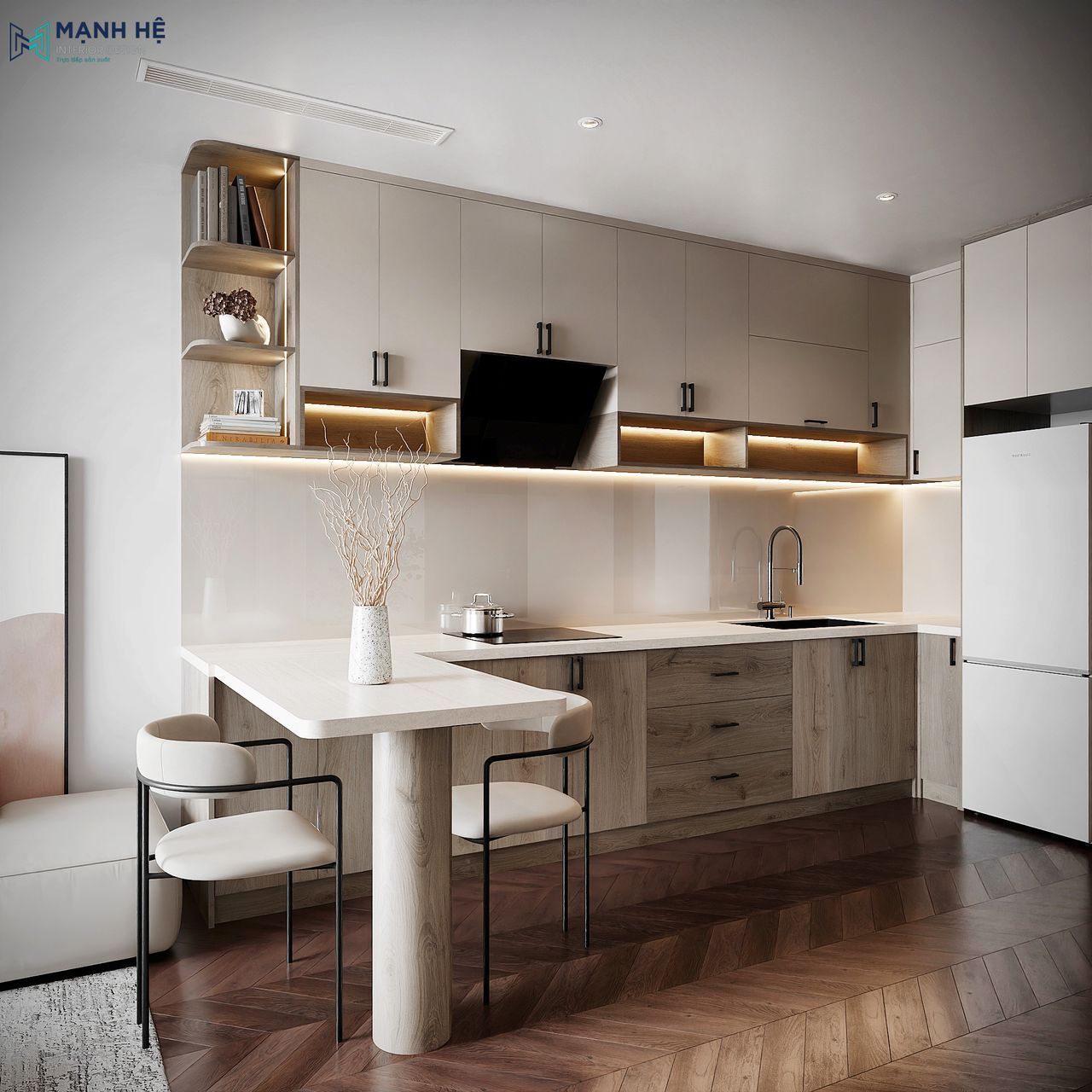 Bàn ăn 2 chỗ ngồi được thiết kế liền với tủ bếp với gam màu đồng bộ giúp tối ưu diện tích cho căn hộ nhỏ