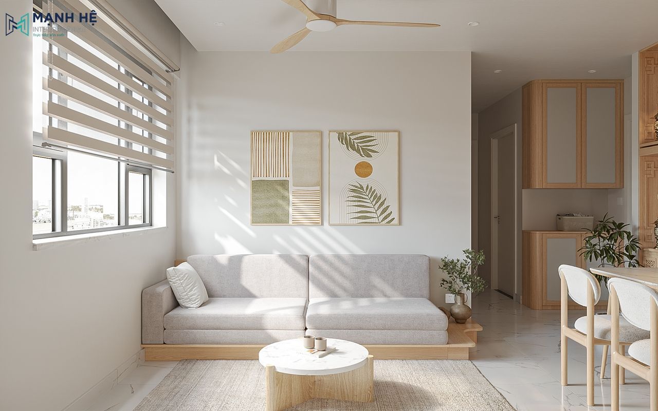 Bộ sofa đơn giản với gam màu trung tính kết hợp bàn trà nhỏ gọn, mang đậm tinh thần Japandi