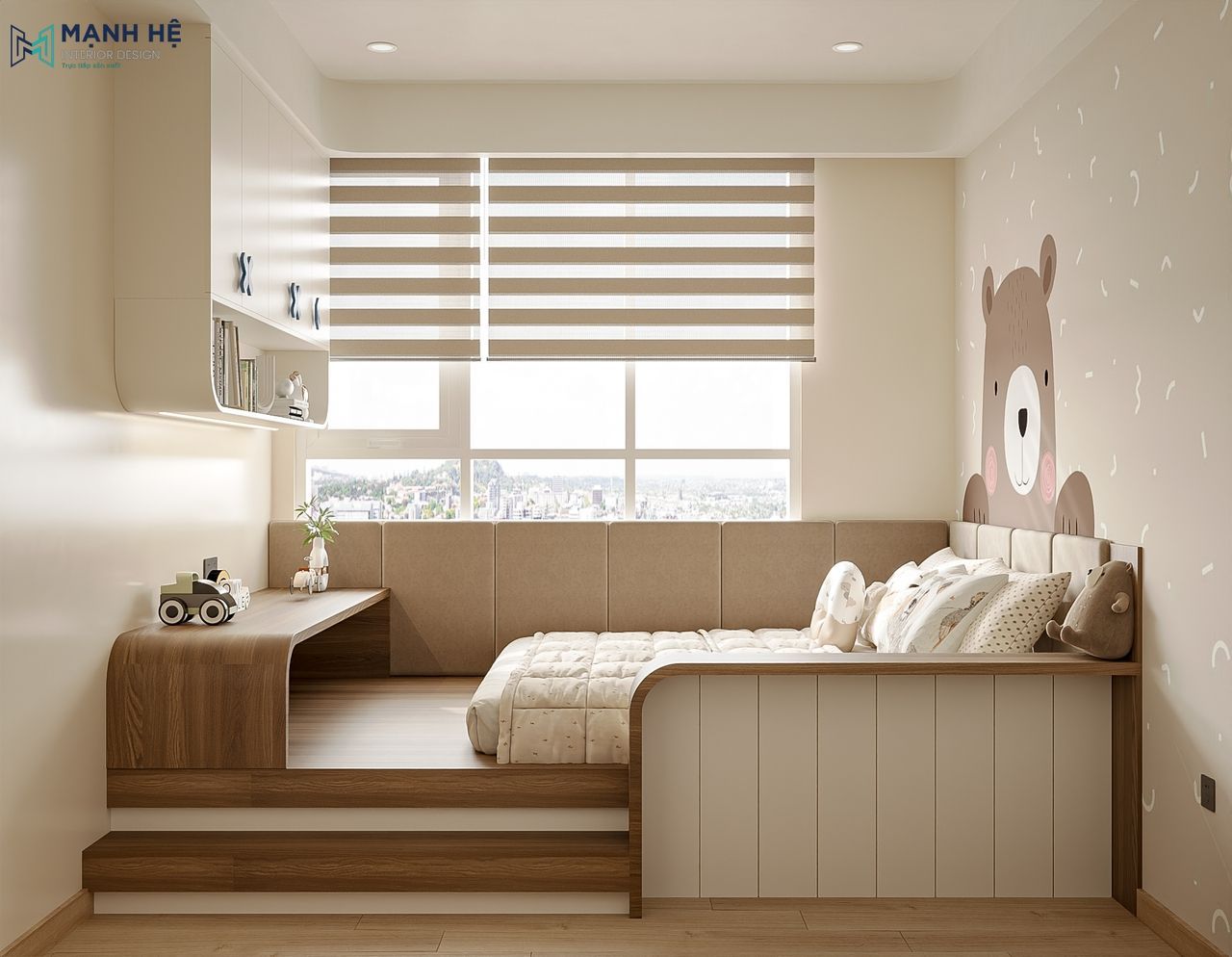 Thiết kế giường bục bên cạnh cửa sổ kết hợp góc nhỏ thư giãn với các góc bo cong mềm mại