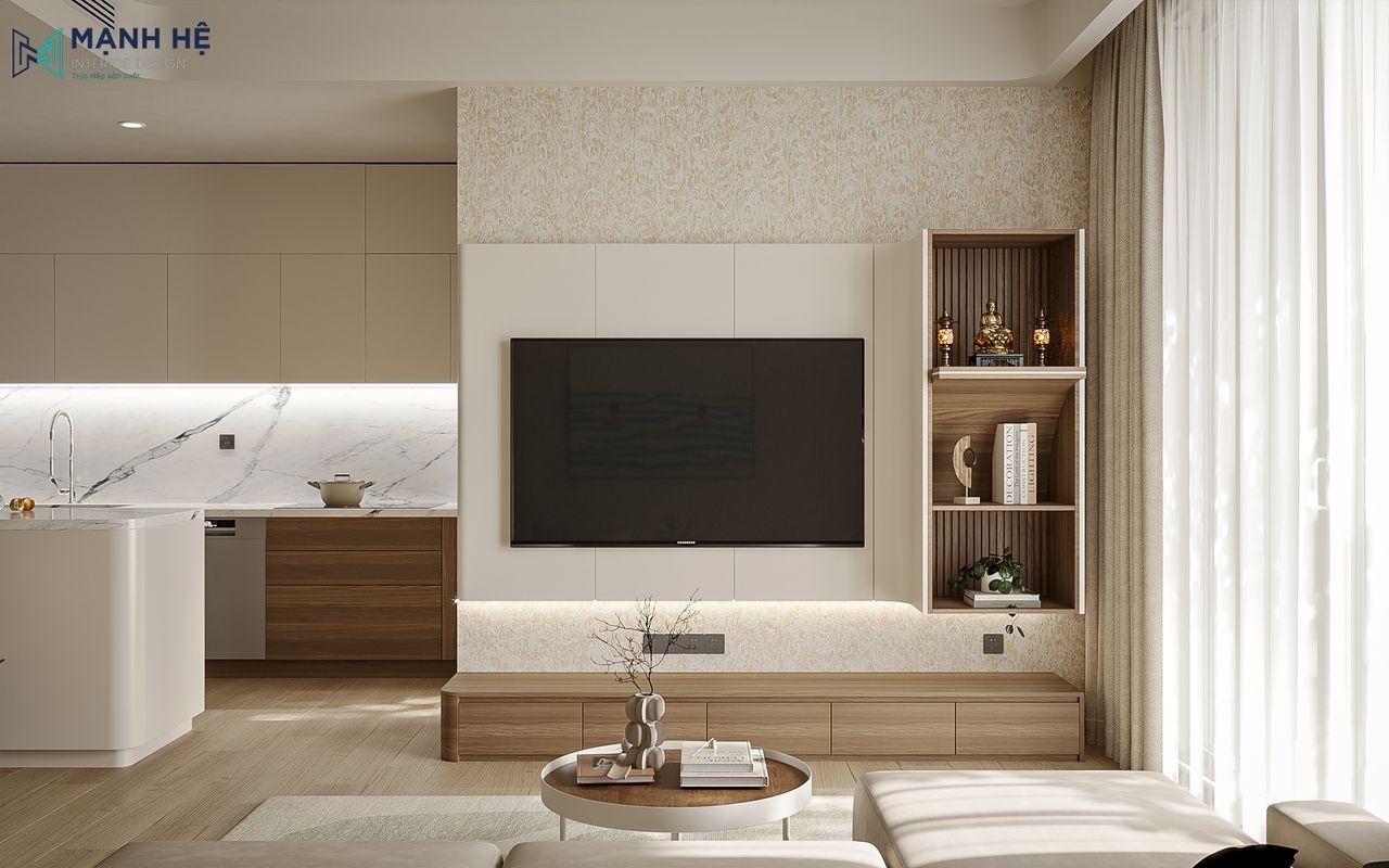 Thiết kế kệ tivi treo tường kết hợp kệ trang trí và bàn thờ trang nghiêm trong phòng khách chung cư, sử dụng chất liệu gỗ công nghiệp với đường nét bo cong tinh tế