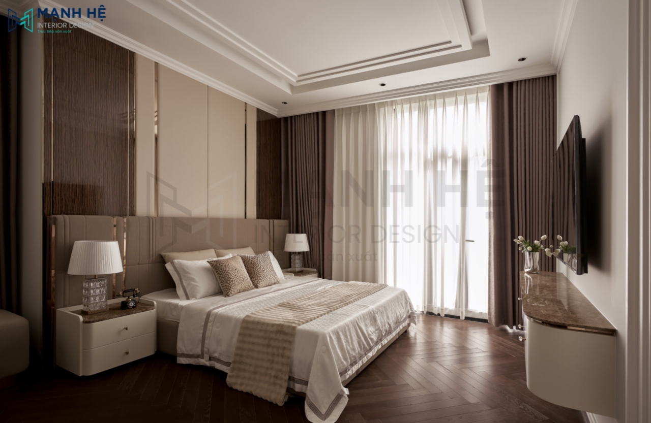 Giường ngủ bọc nệm êm ái kết hợp vách ốp đầu giường cách âm tốt mang lại giấc ngủ ngon và sâu hơn.