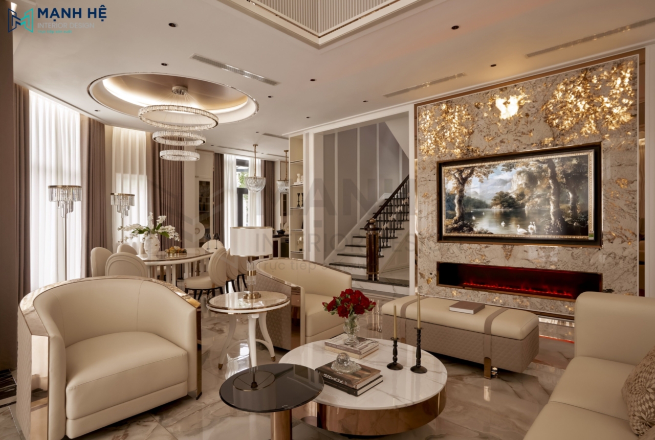 Vách tivi ốp đá xuyên sáng kết hợp gỗ Veneer giúp không gian phòng khách thêm ấm cúng và tạo chiều sâu sang trọng.