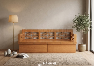 Trạng thái gấp gọn thành ghế sofa của sofa giường gỗ VIP01